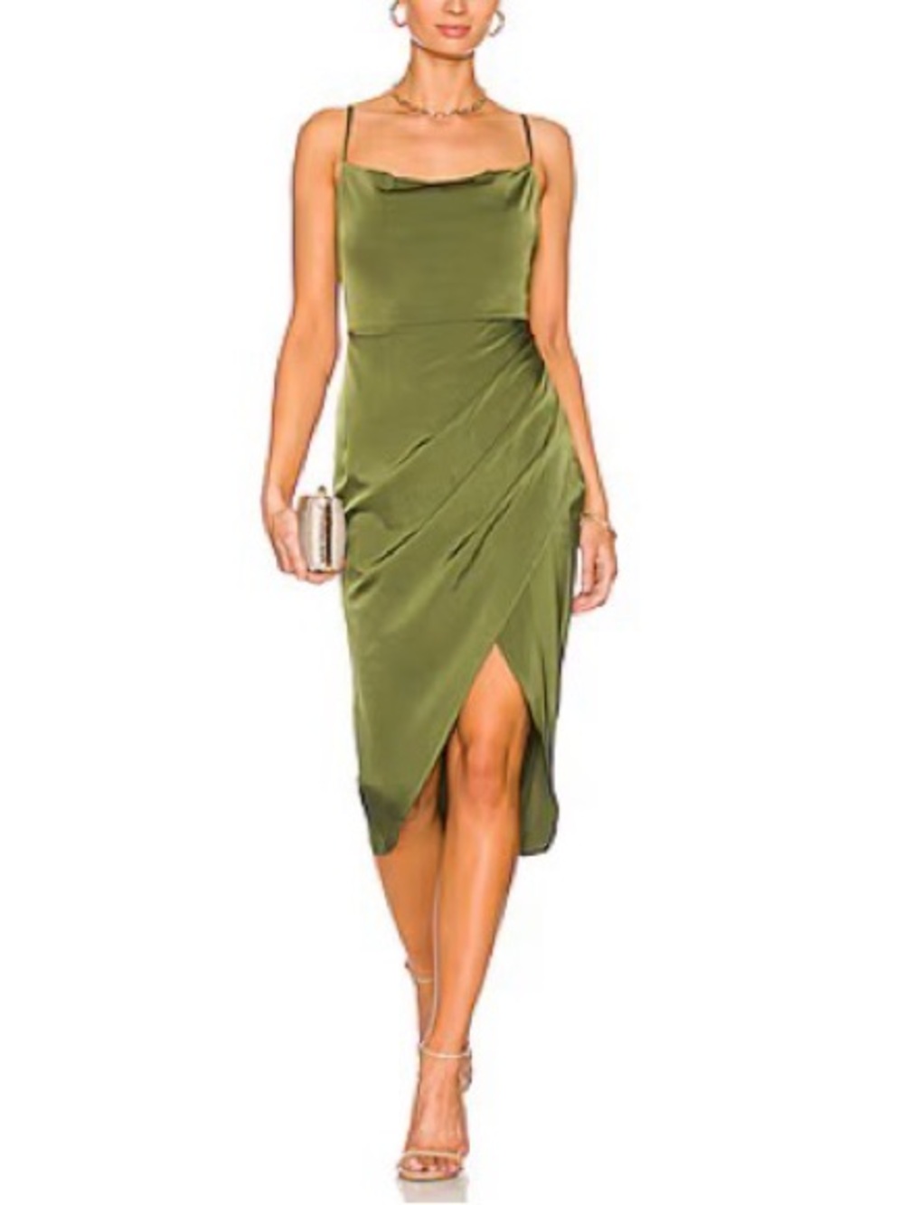 Satin Olive Green Slip Midi Dress with Draped Wrap Skirt, Small